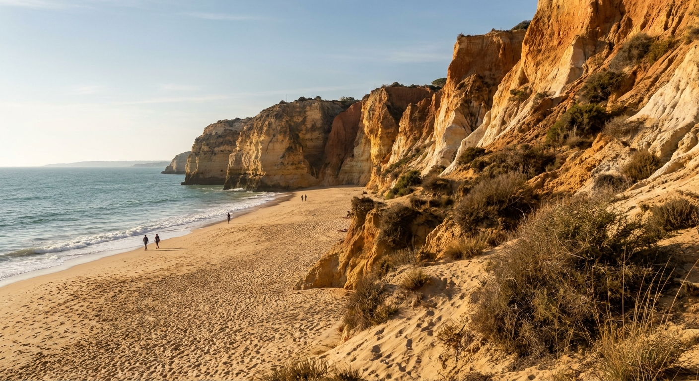 Wide ocher cliffs and nearly empty sand at Praia da Falésia under low autumn sunlight