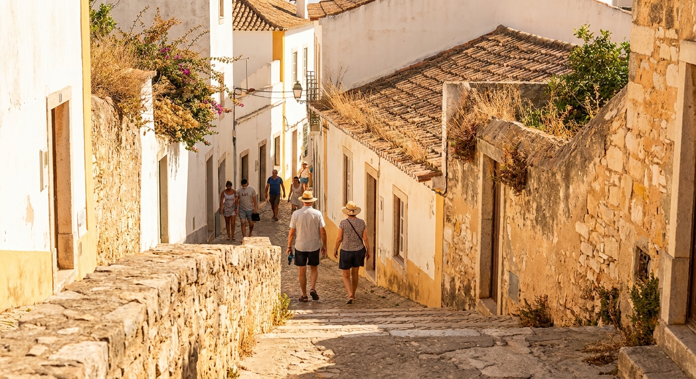 Whitewashed lanes and low steps in Albufeira Old Town with a handful of walkers