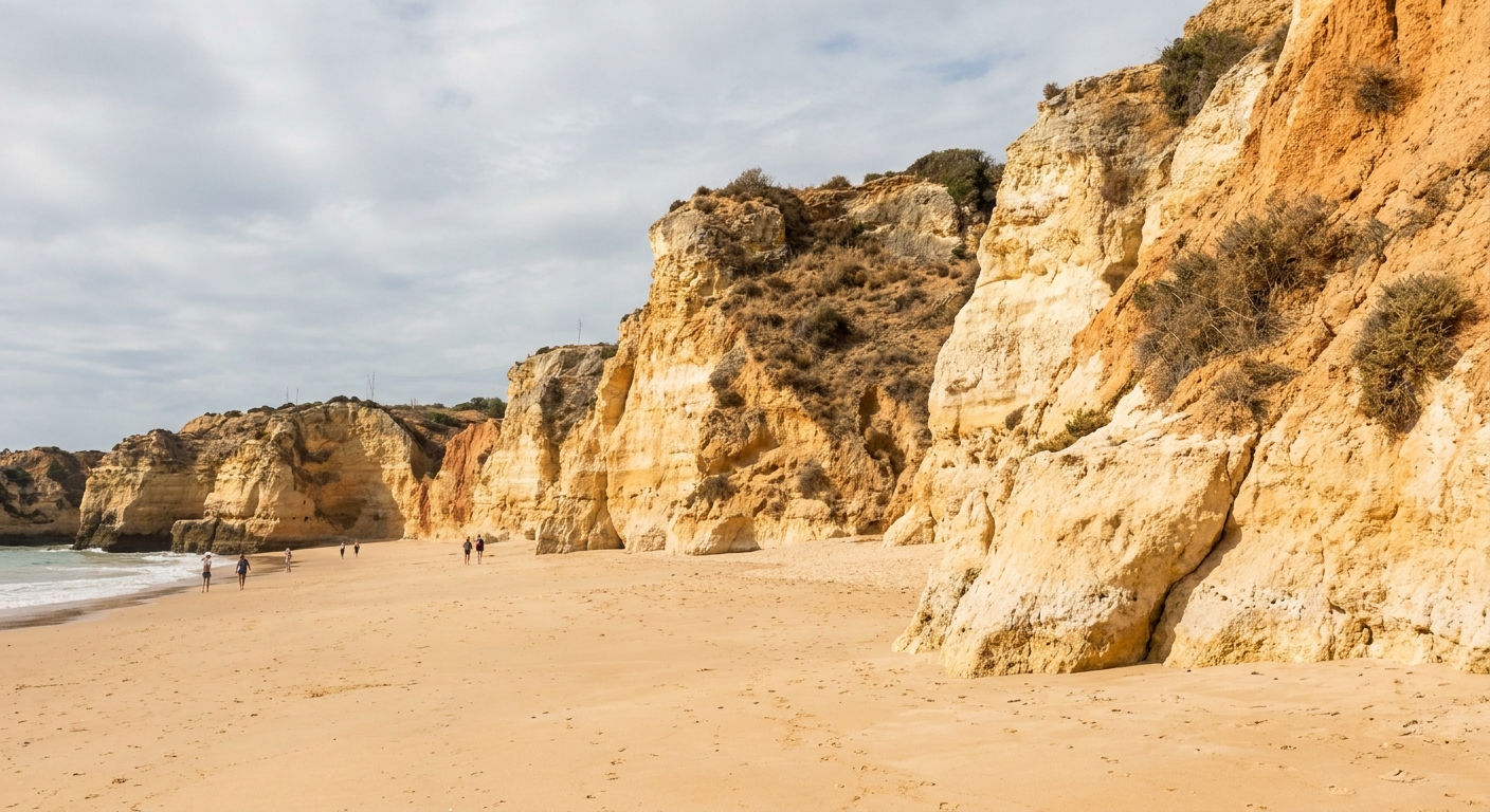 Ochre cliffs above a wide sand beach east of Albufeira under thin autumn cloud