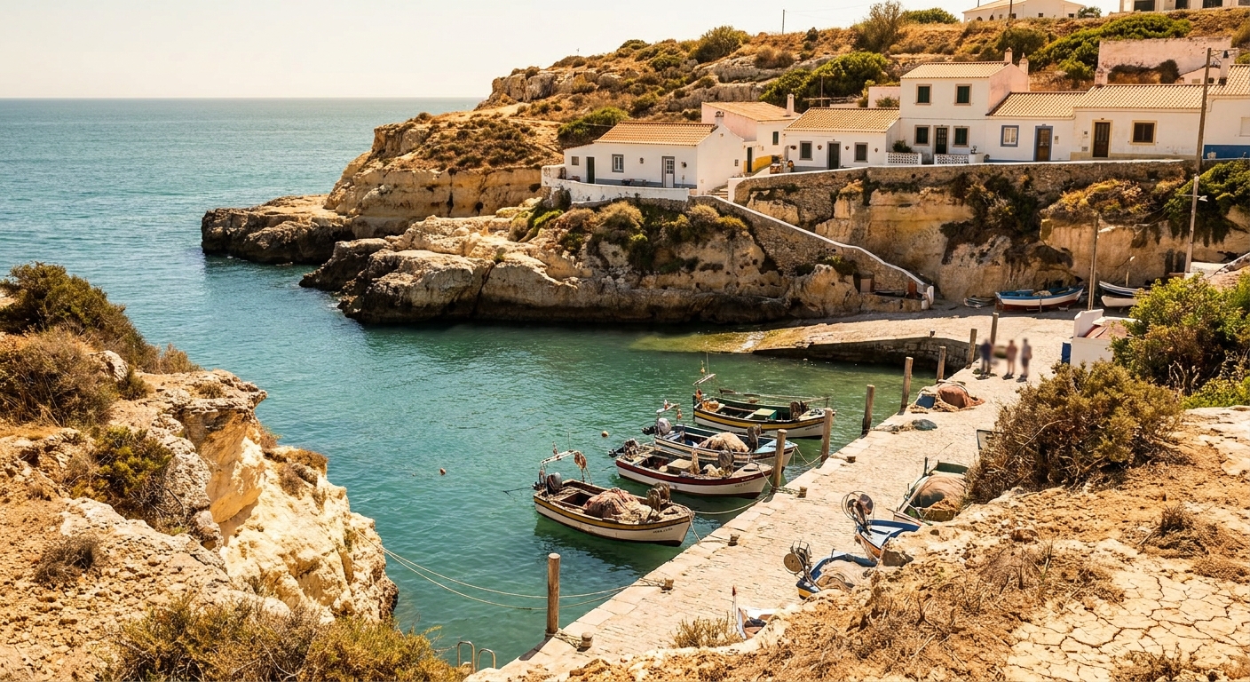 Small fishing boats moored below whitewashed houses on a calm Algarve cove