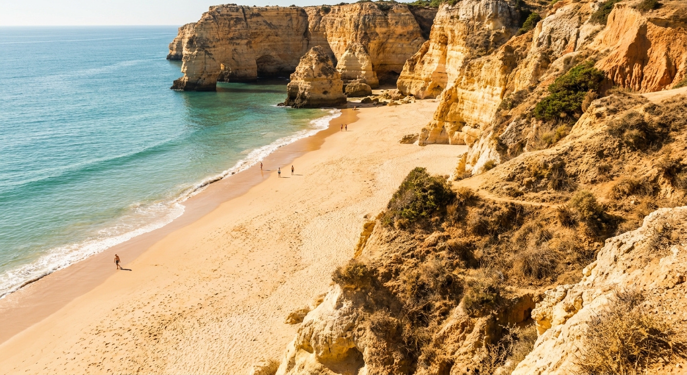 A wide sandy beach below ochre cliffs with calm Atlantic water near Albufeira