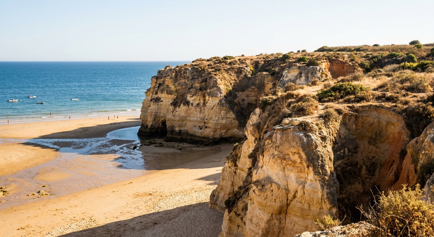 Orange sandstone cliffs above a wide sandy beach on the Algarve coast at low tide