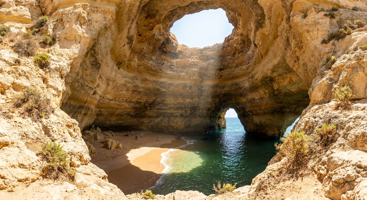 Interior of a domed limestone sea cave with a circular opening in the roof throwing light onto a small sand beach and green water