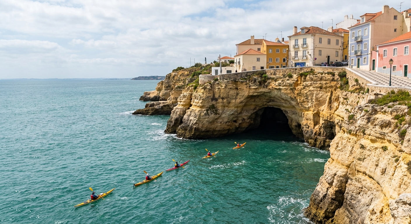 Kayakers in single file paddling toward the entrance of a sea cave beneath golden limestone cliffs on the Algarve coast