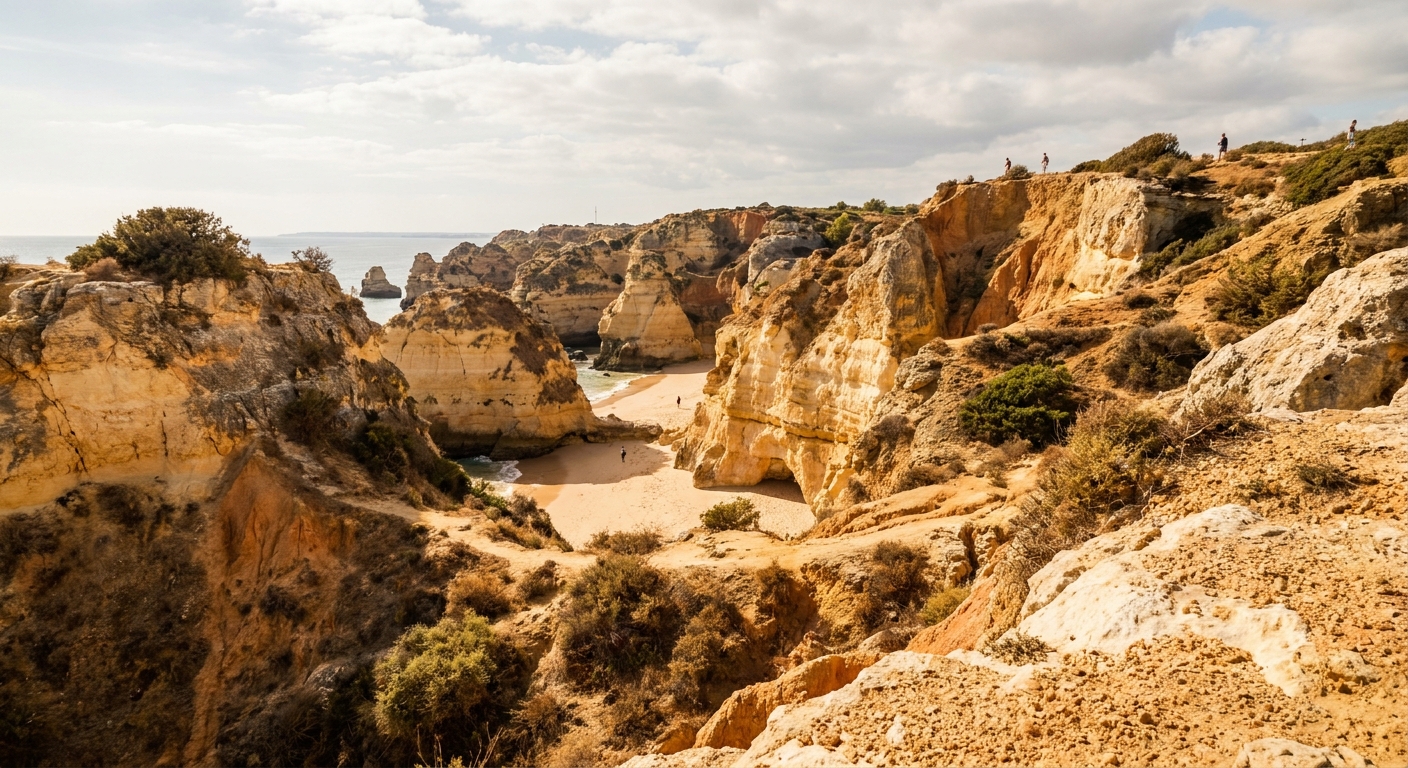 Golden sandstone cliffs and small coves on the Algarve coast under a partly cloudy spring sky