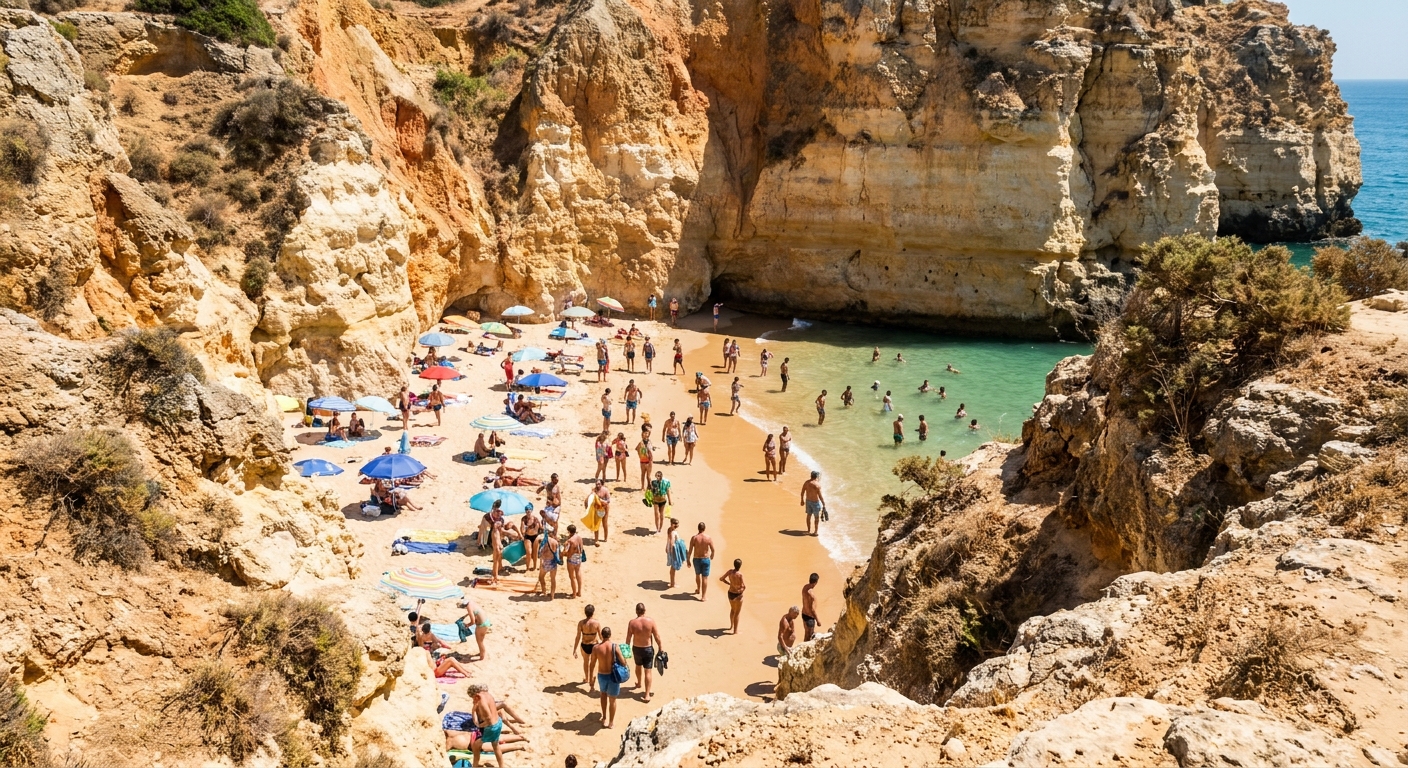 A crowded cliff-backed cove beach on the central Algarve coast under strong midday sun