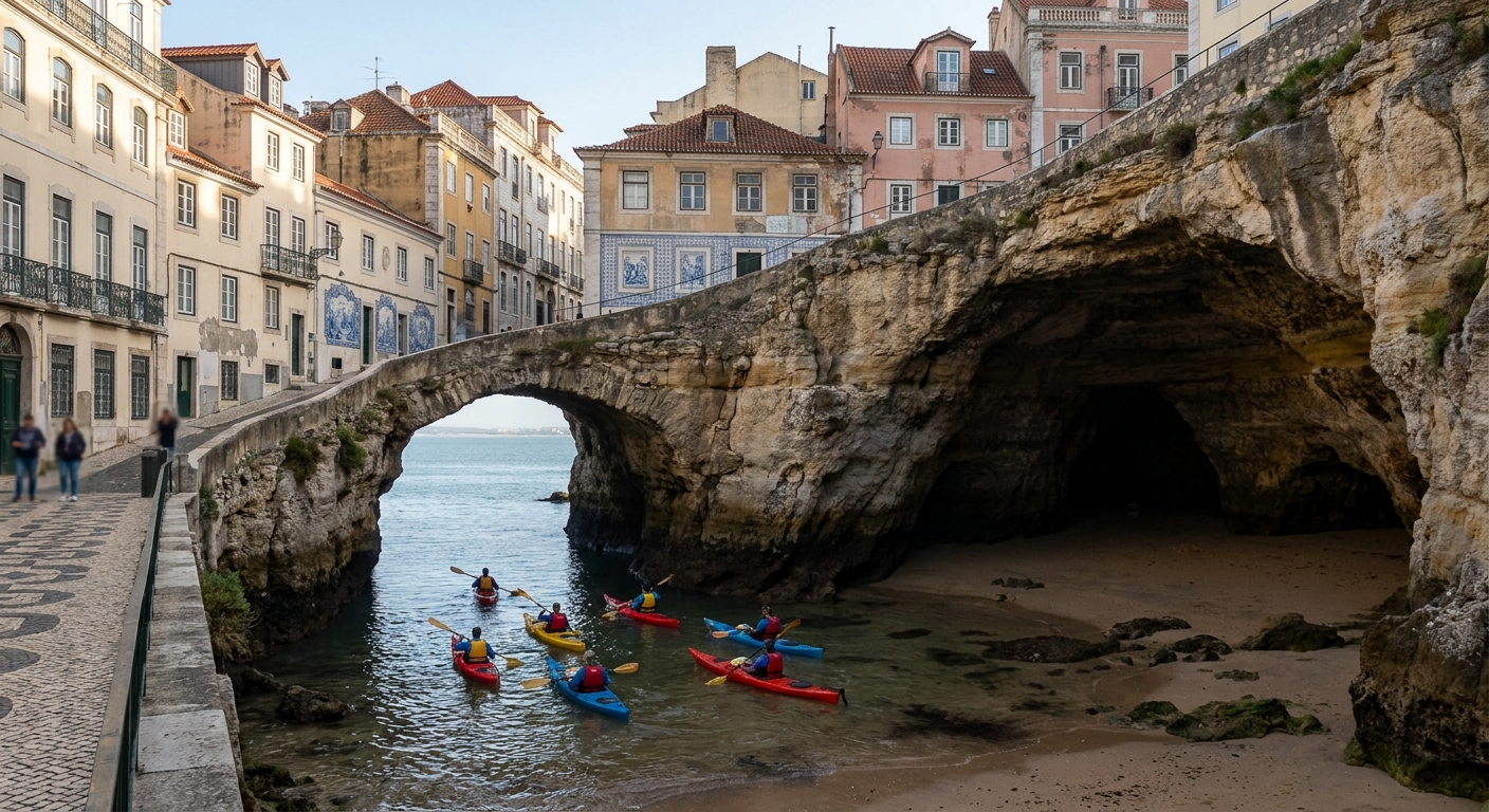 Guided kayakers paddling under a rock arch into a large sea cave with a sand floor