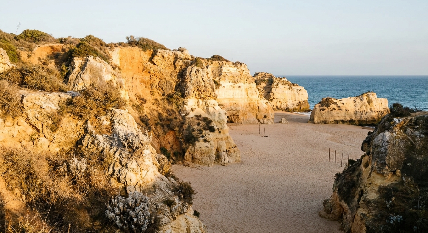 Low winter sun on ochre sandstone cliffs above an empty beach on the southern Portuguese coast