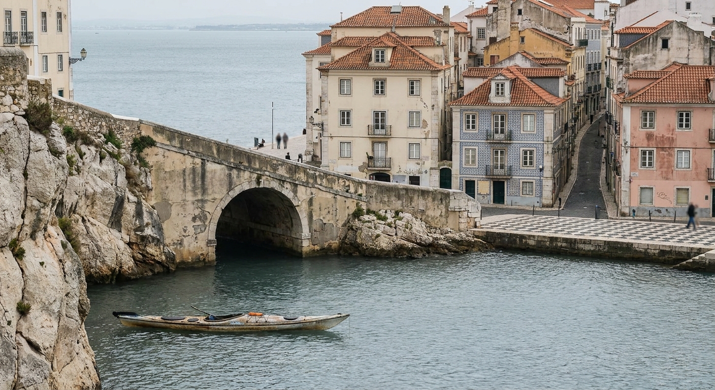 A kayak on calm water beside a sea cave arch in limestone cliffs