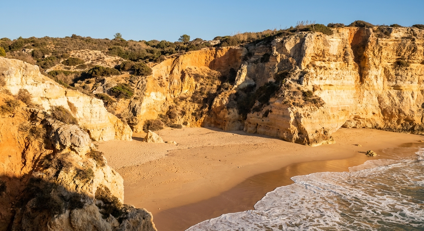 Sandstone cliffs above an empty beach on the Algarve coast under low winter sun