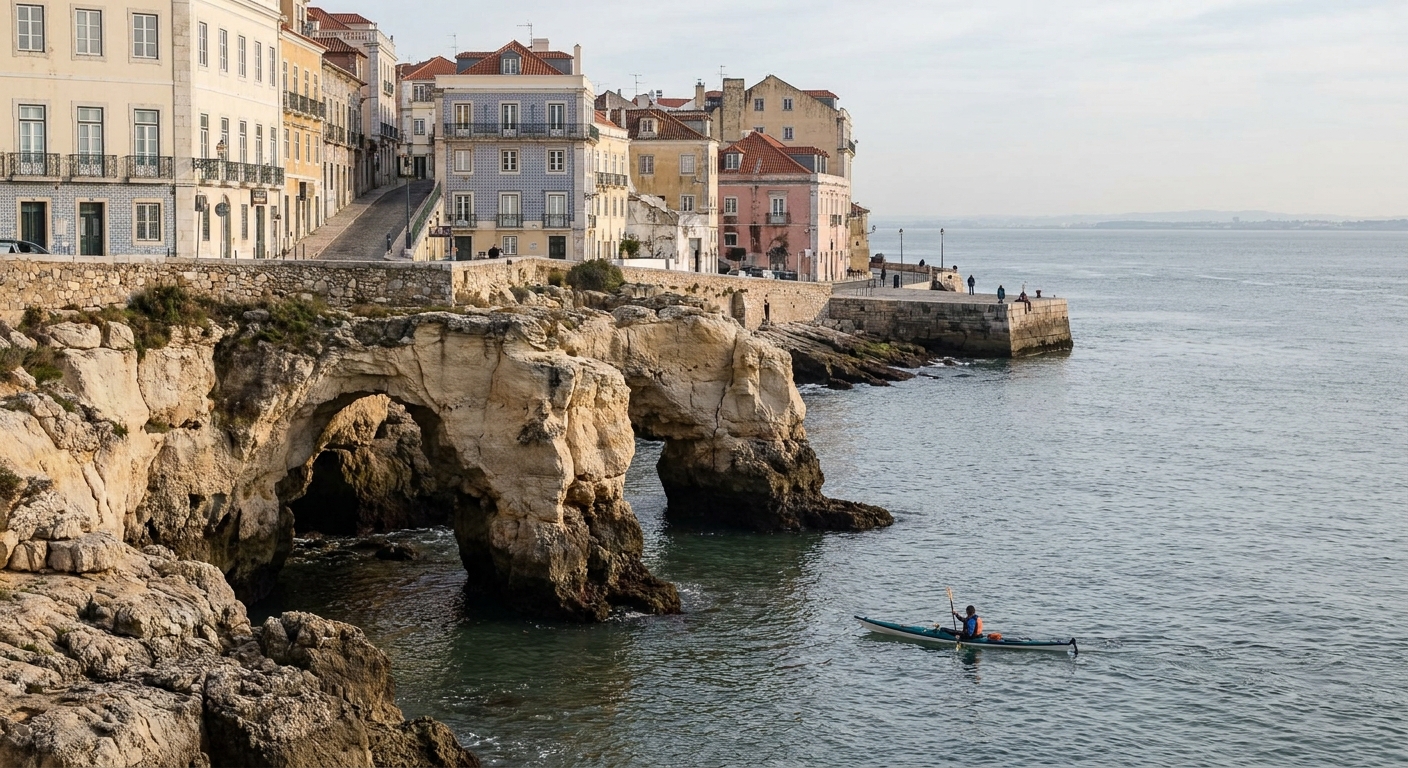 A kayak passing sandstone sea arches on the Algarve coast in winter light