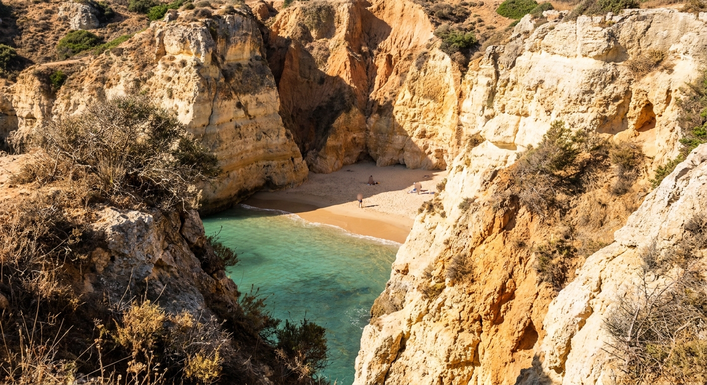 Limestone cliffs above a small sandy cove with turquoise water on the southern Portuguese coast