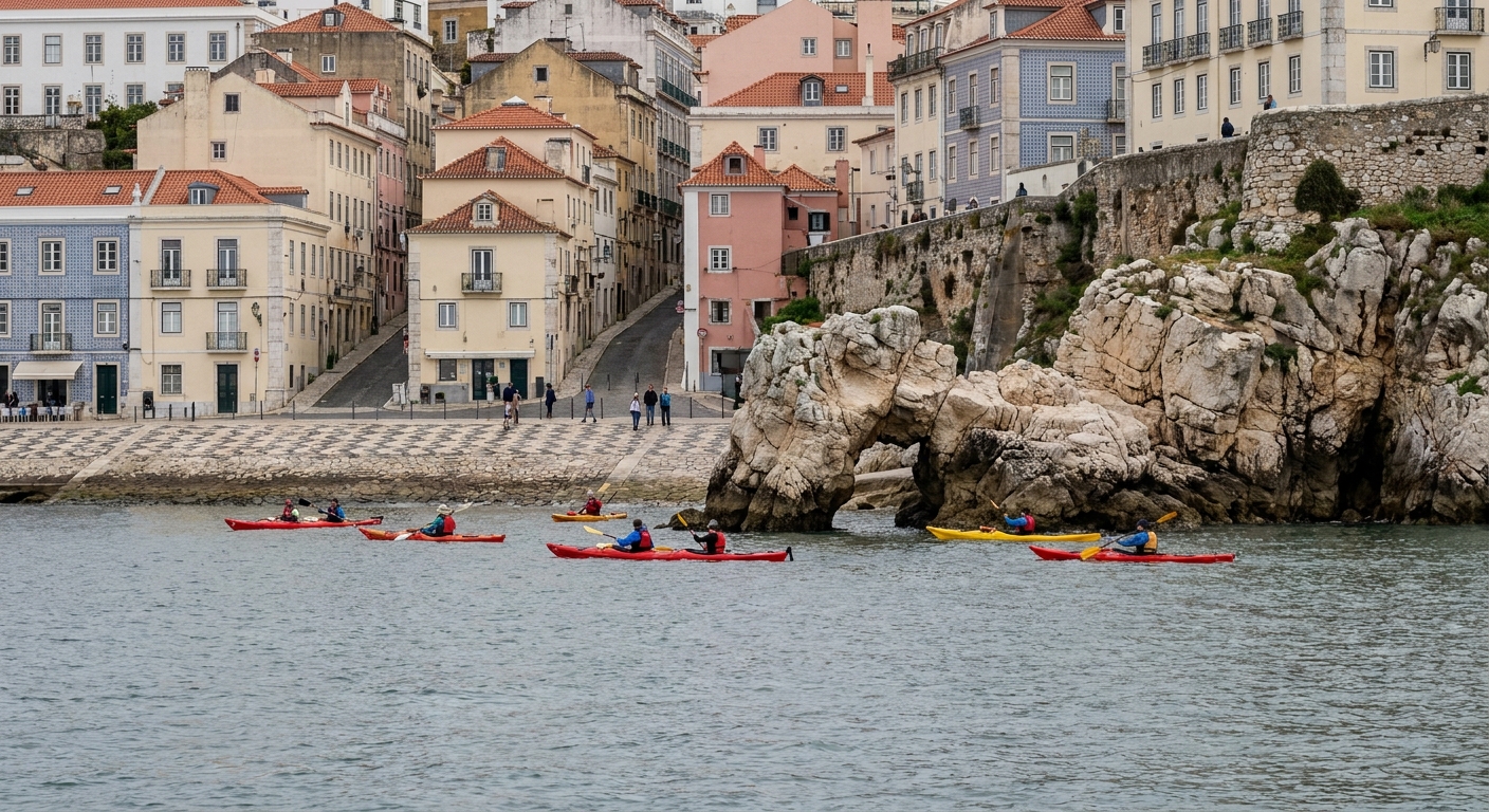 Kayakers paddling toward a large limestone sea arch on the Algarve coast