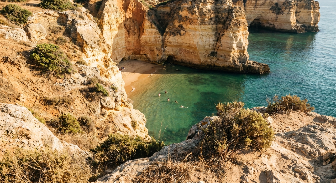 Golden sandstone cliffs above a small sand cove with clear green water and a few swimmers