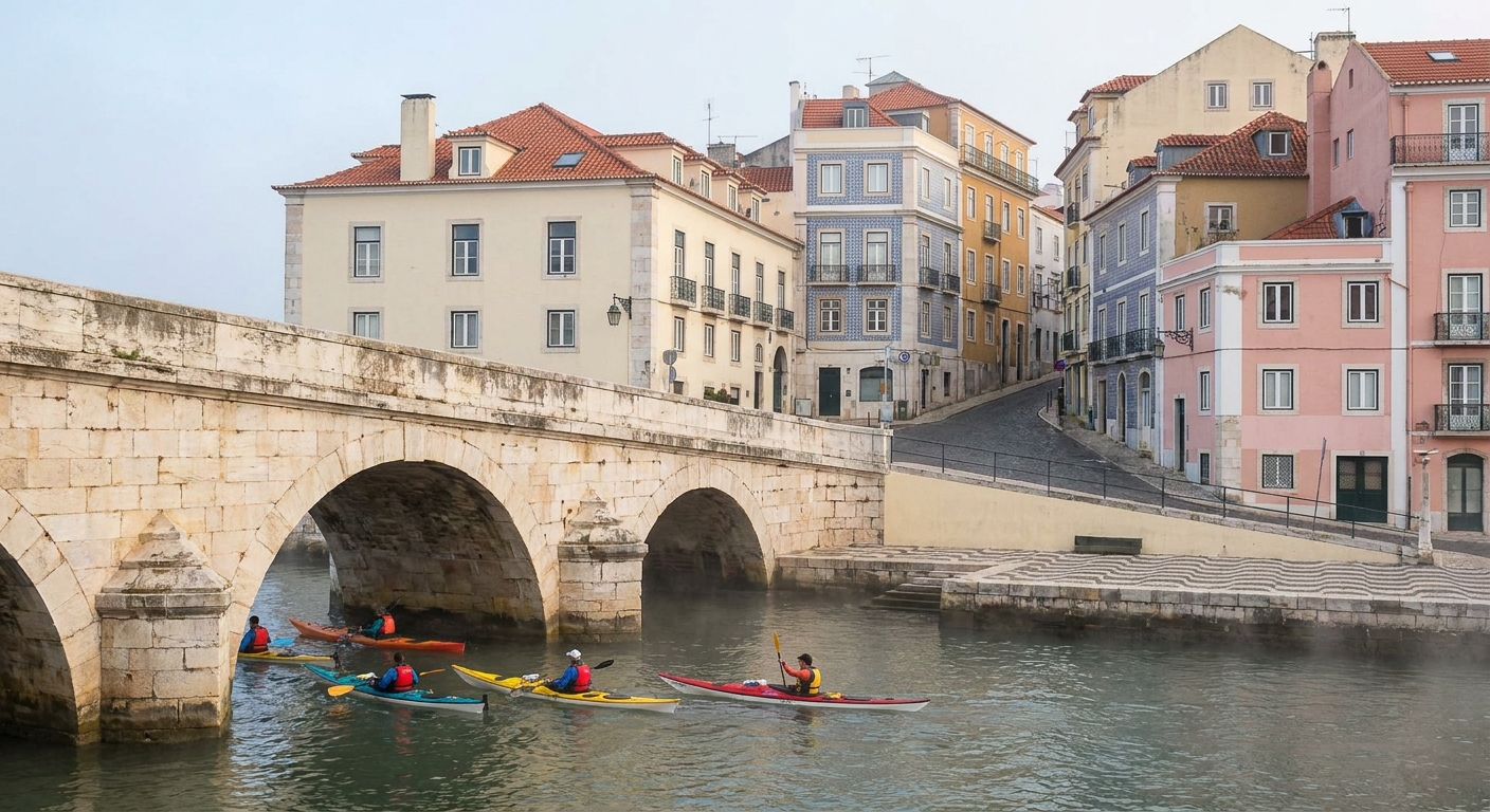 A guided group of sea kayaks paddling below coastal arches in calm morning water