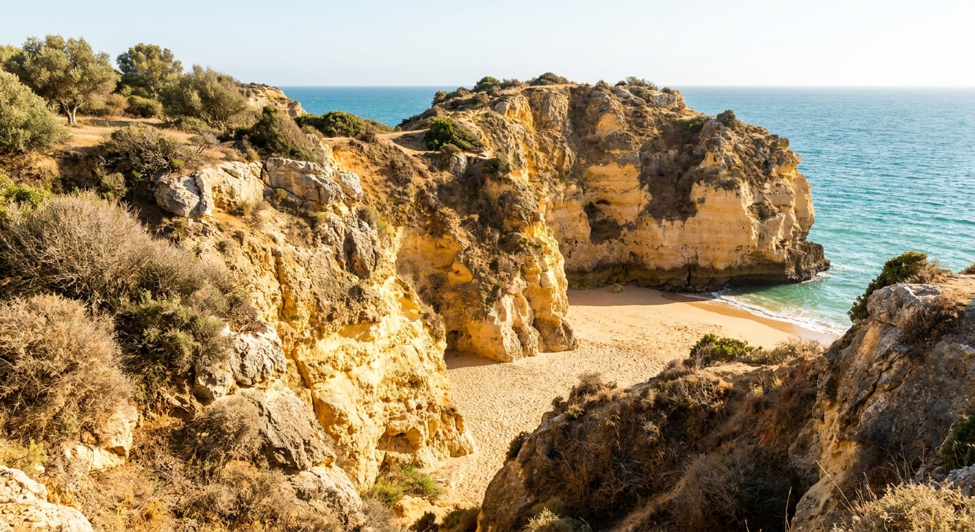 Limestone cliffs and a small cove beach on the central Algarve coast under spring light, no people on the sand
