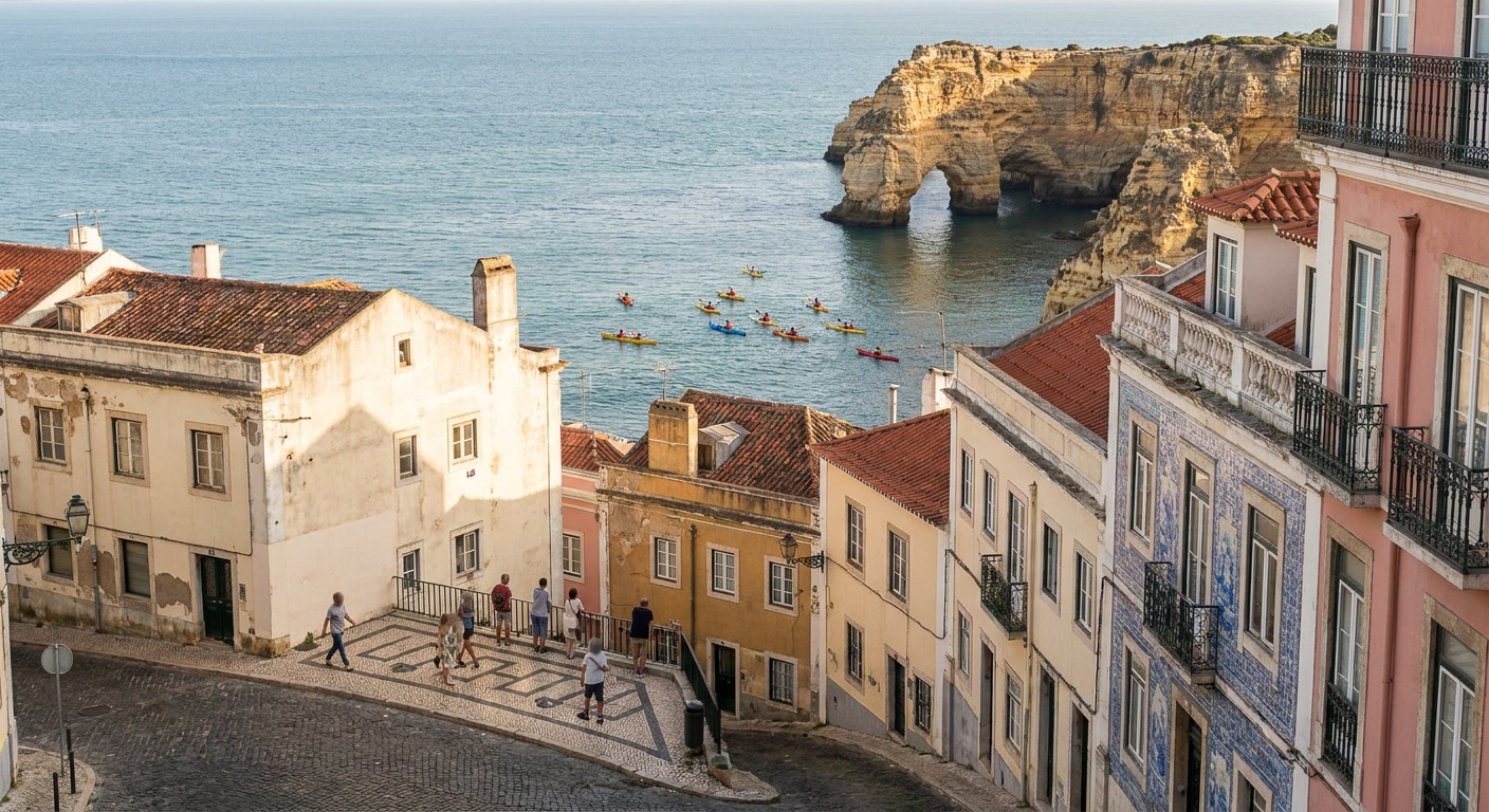 Kayakers paddling toward a sea arch in limestone cliffs on the central Algarve coast