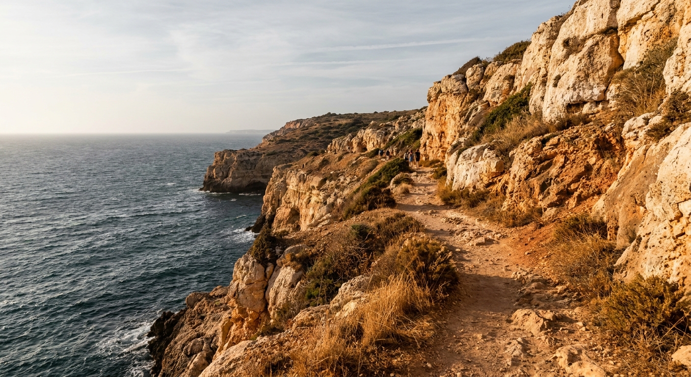 Ochre cliffs and a narrow footpath above the Atlantic on the southern Portuguese coast under low autumn light