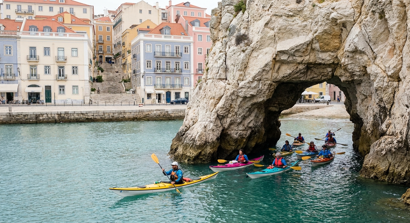 Sea kayaks paddling beneath a limestone arch on the southern Portuguese coast with a guide leading the group