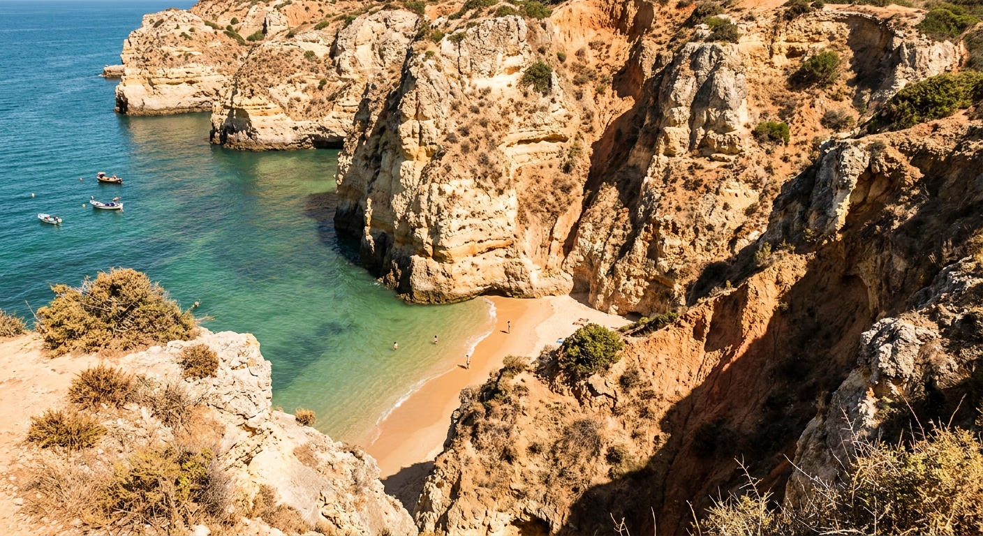 Limestone cliffs above a small cove beach with clear green water on the Algarve coast