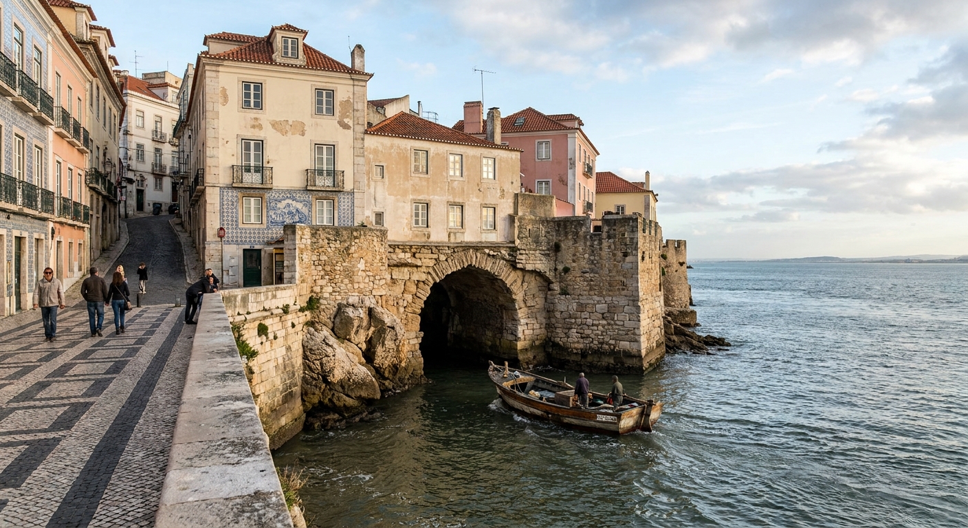 A small boat passing tall limestone arches at the entrance of a sea cave on the Algarve coast