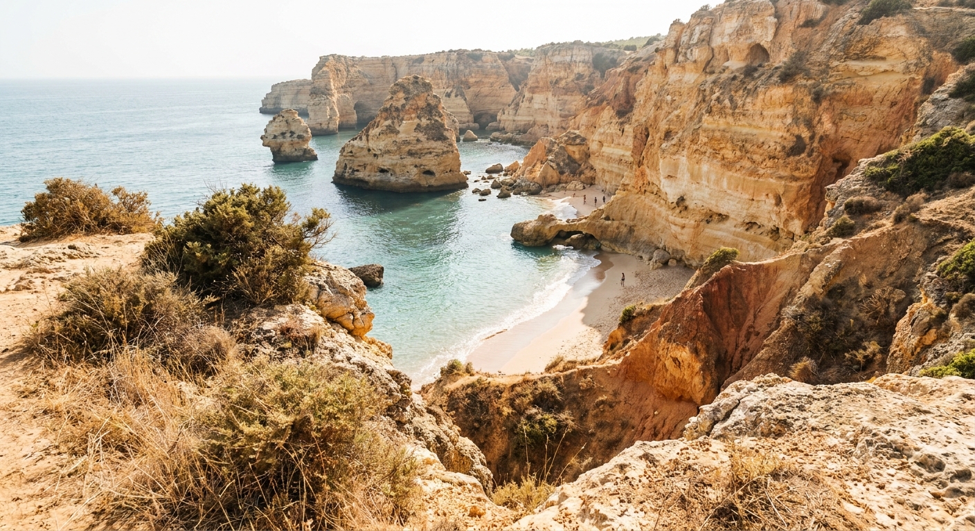 Golden sandstone cliffs and a small cove beach with calm sea on the Algarve coast