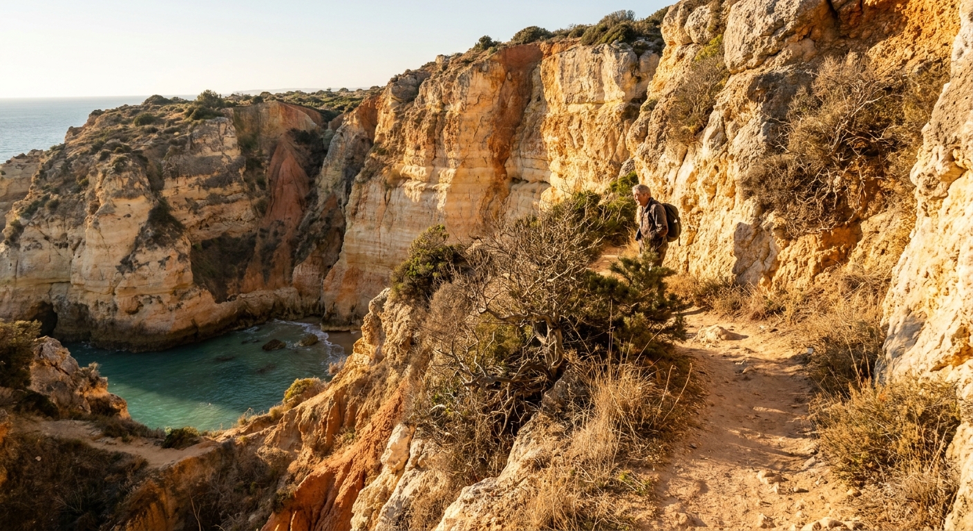 Limestone cliffs and a narrow footpath above a small cove on the Algarve coast under winter sun