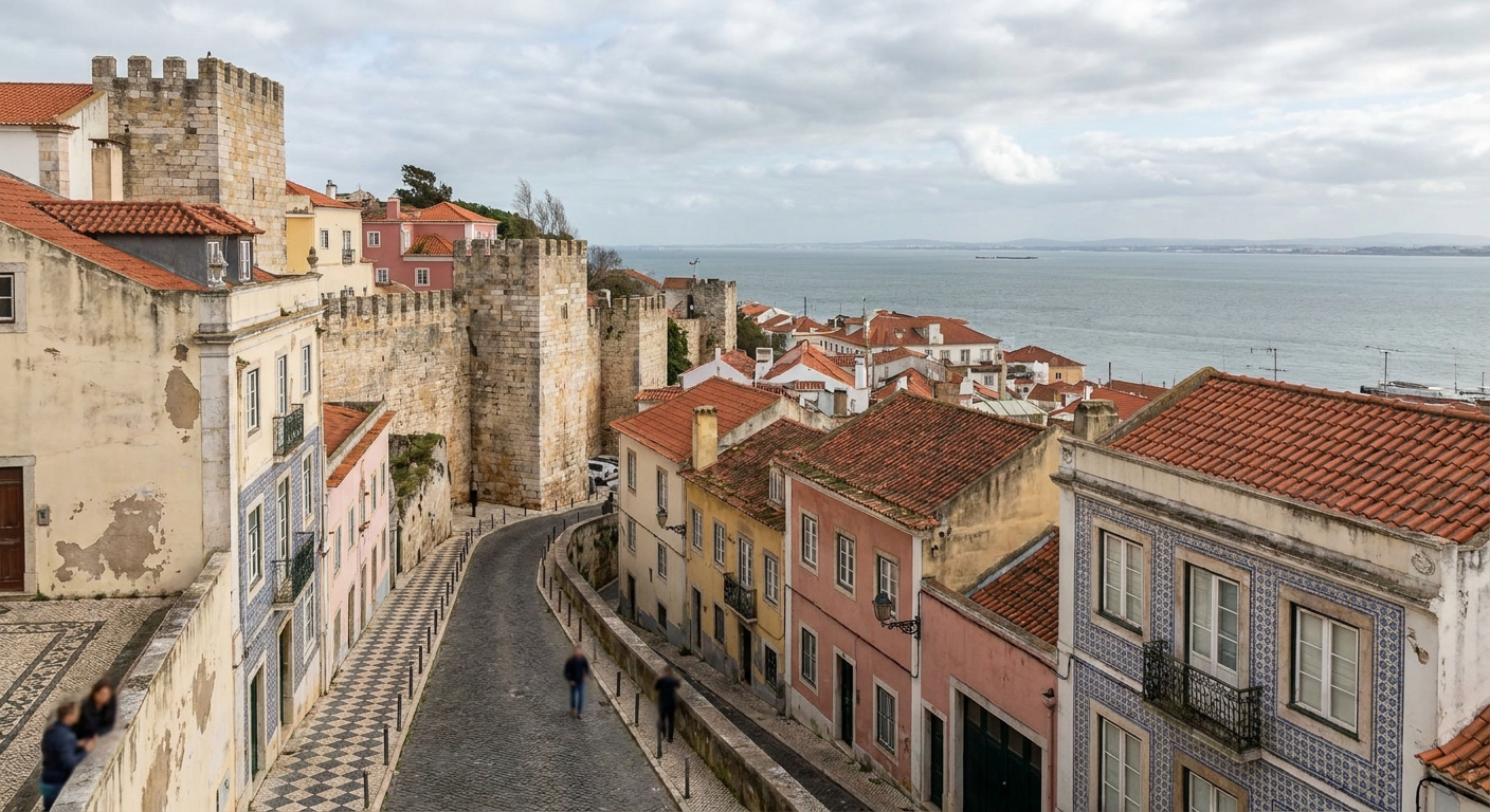 Stone walls of a coastal fortress on a windswept headland above the Atlantic
