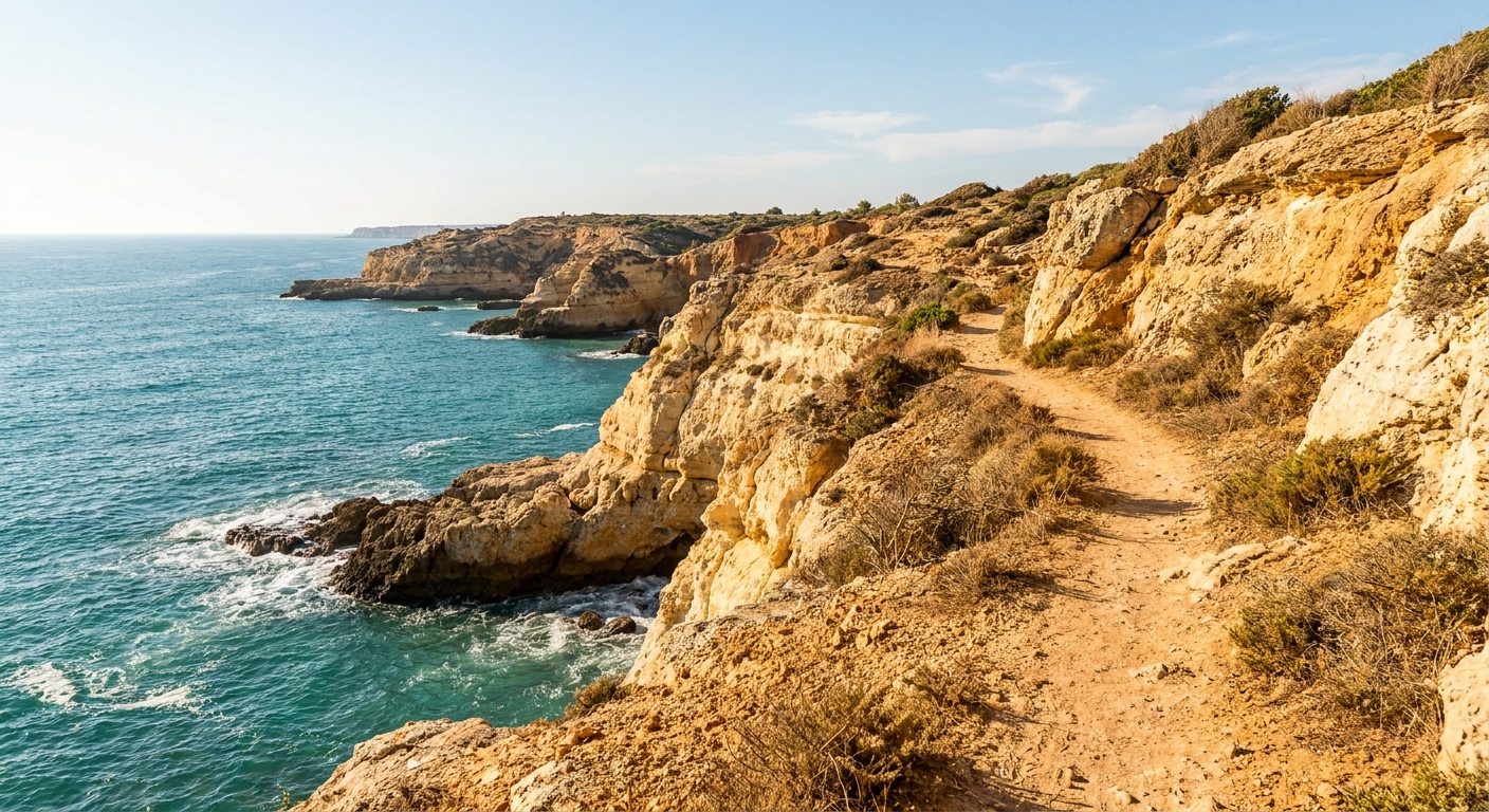 A narrow clifftop path above ochre limestone cliffs and turquoise water on the Algarve coast in the morning