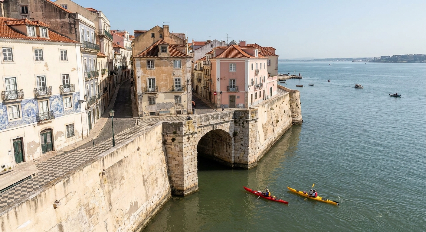Kayakers paddling past a limestone arch on the Algarve coast under a clear sky