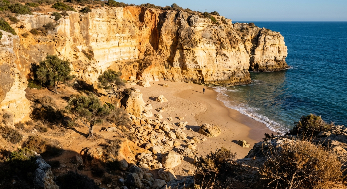 Limestone cliffs and a small sandy cove on the central Algarve coast under low autumn sun