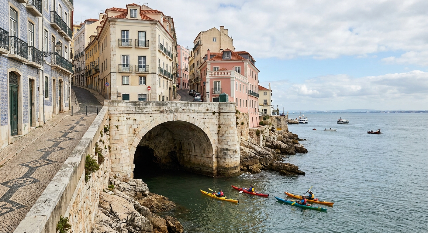 Kayakers waiting outside the stone arch of a sea cave on the Algarve coast