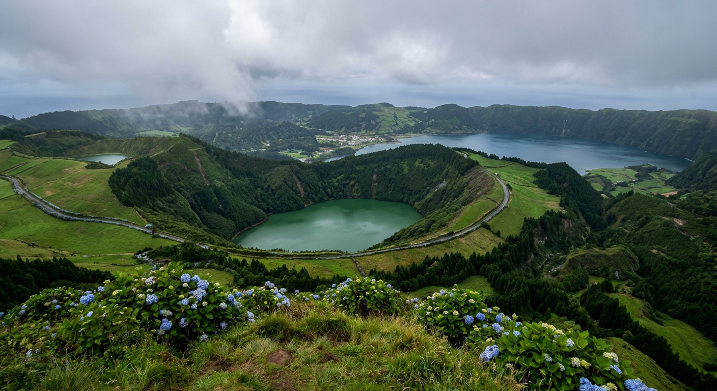 Twin crater lakes of Sete Cidades seen from a green ridge under broken cloud