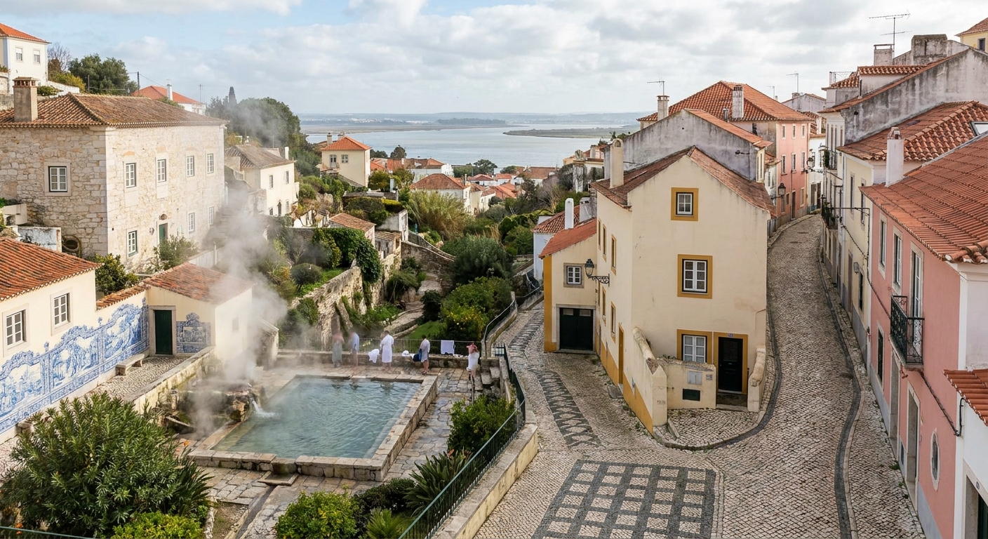 Steam rising from fumaroles beside a thermal bathing pool in the Furnas valley