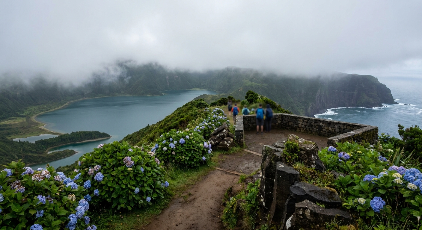 Two crater lakes seen from a green ridge lookout under scattered cloud