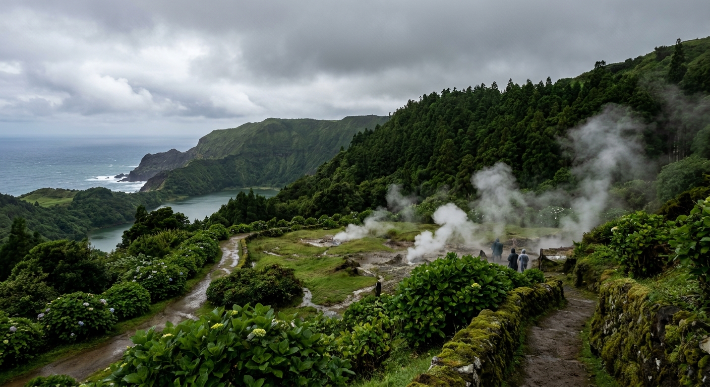 Steam rising from fumaroles beside a wooded valley floor at Furnas, São Miguel, under low gray cloud