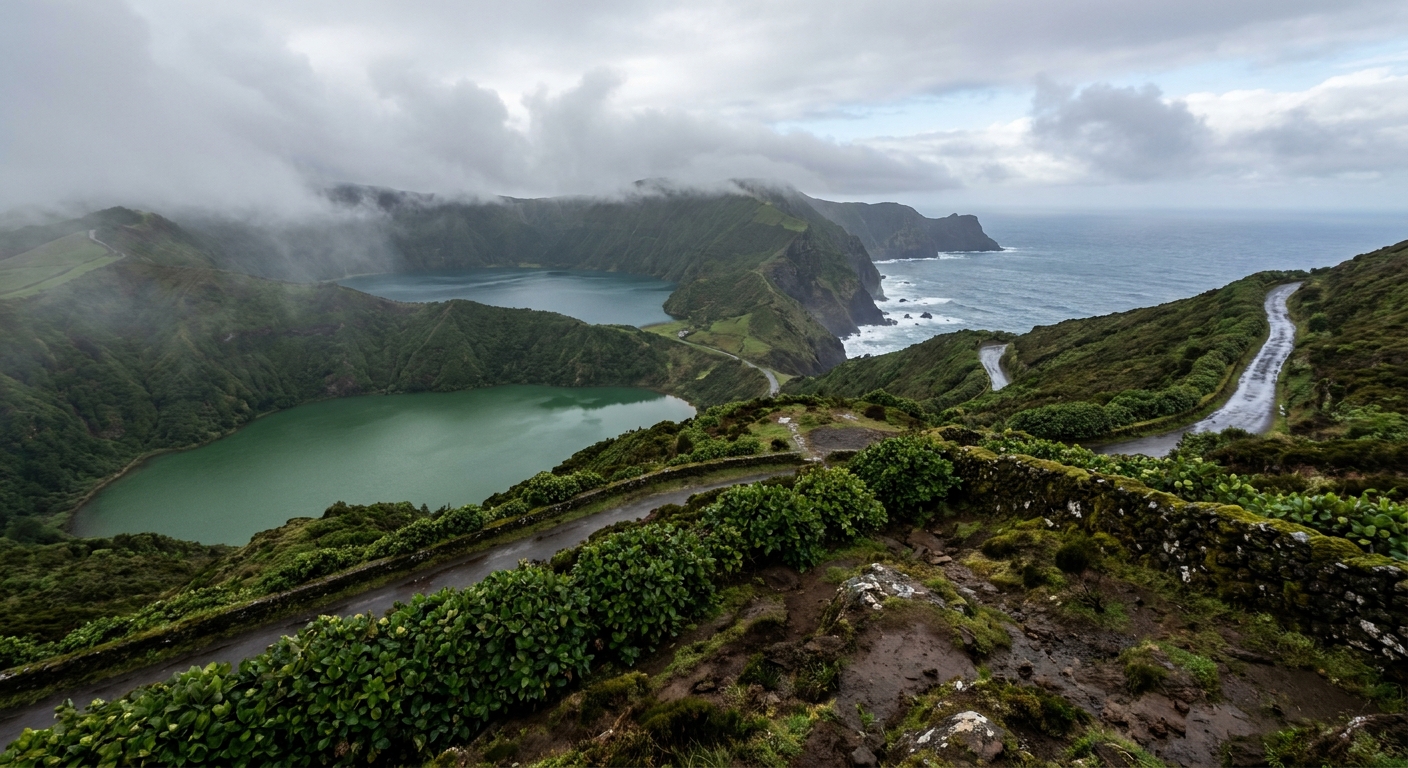 Two crater lakes seen from a high lookout on São Miguel under broken winter cloud