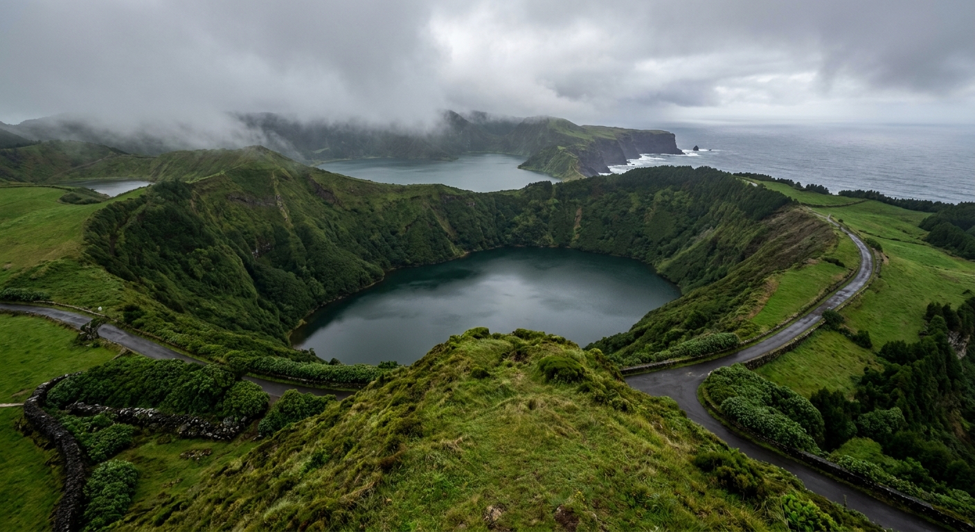 Twin crater lakes seen from a high ridge on São Miguel under low winter cloud