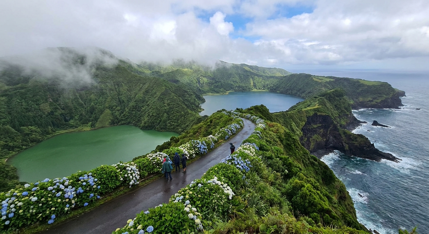 Twin crater lakes seen from a high roadside lookout on São Miguel, one green and one blue, under scattered summer cloud