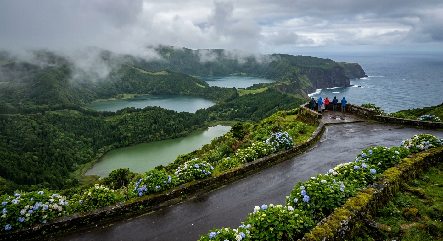 Twin crater lakes of Sete Cidades seen from a roadside lookout on São Miguel under broken cloud