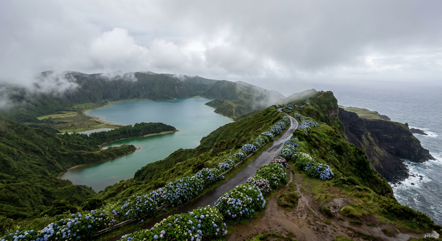 Twin crater lakes seen from a high cliff lookout on São Miguel under broken cloud