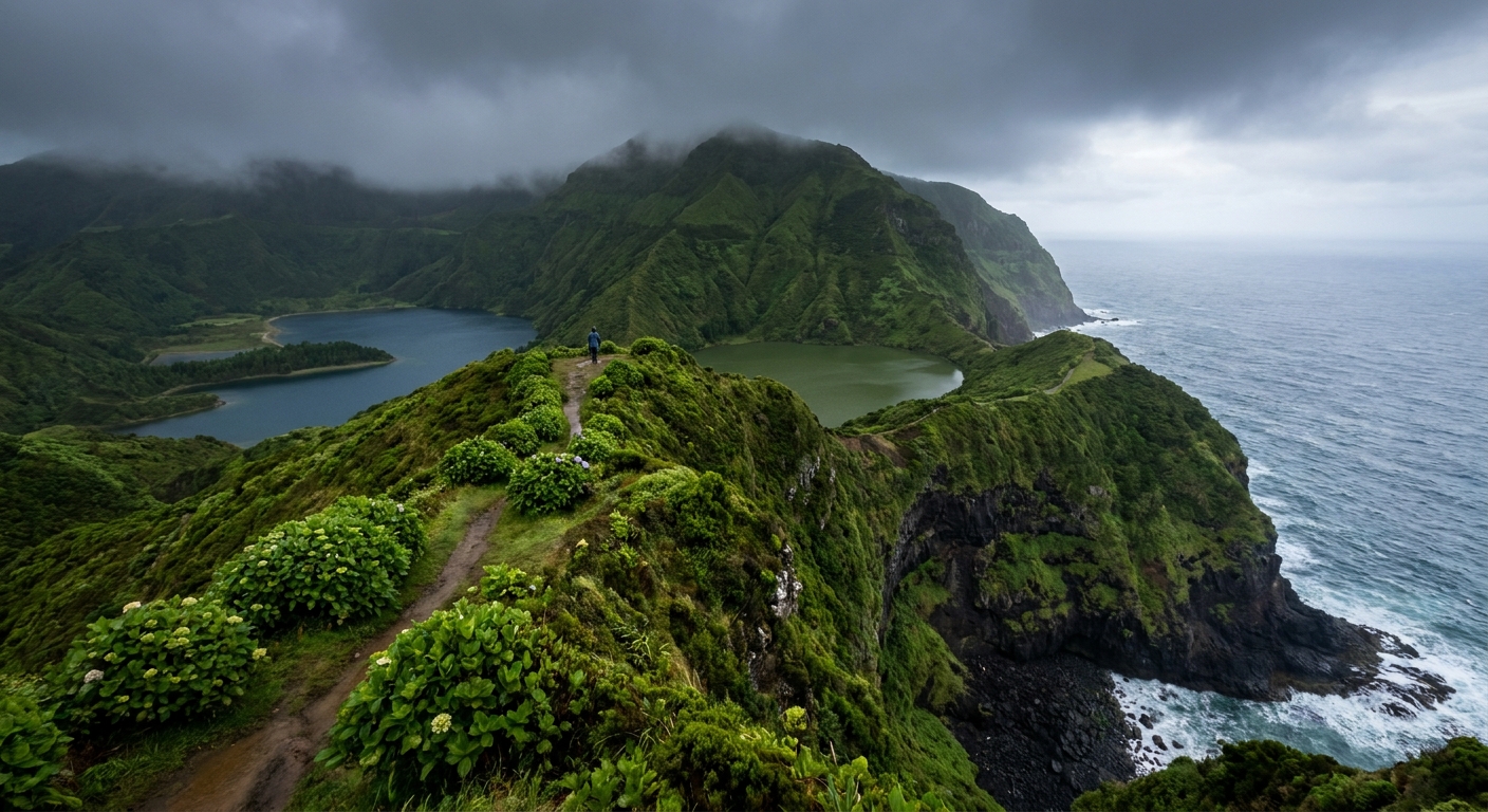Twin crater lakes seen from a high grassy lookout above a green caldera