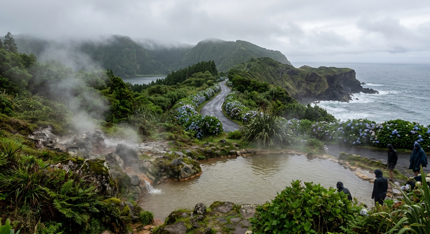 Steam rising from fumaroles beside a bathing pool in the Furnas valley on São Miguel