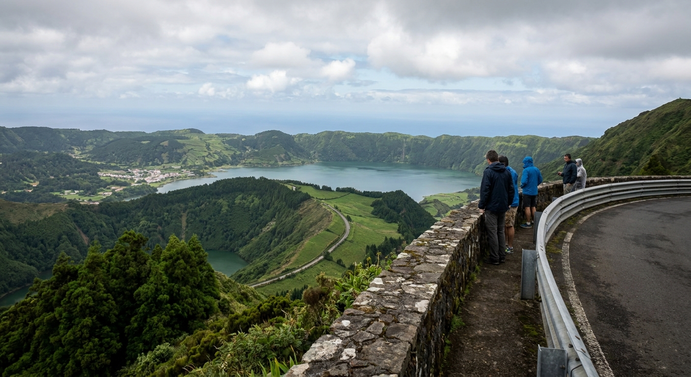 A green crater lake seen from a high roadside lookout under broken cloud on São Miguel