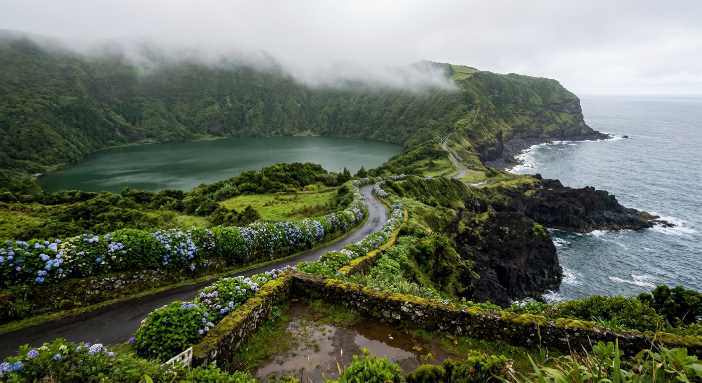 Green crater lake below a cloud-capped ridge on a volcanic island coast