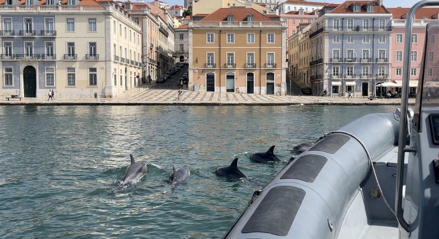 Small dolphins surfacing beside a rigid inflatable boat on open ocean