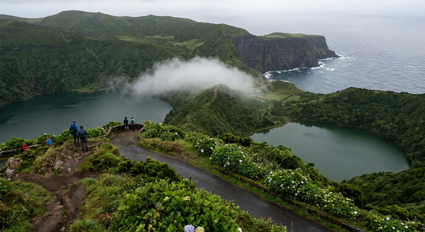 Two crater lakes seen from a rim lookout on São Miguel with low cloud crossing the ridge