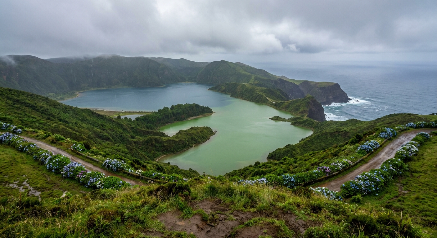 Two crater lakes, one green and one blue, seen from a high grassy rim on a volcanic island