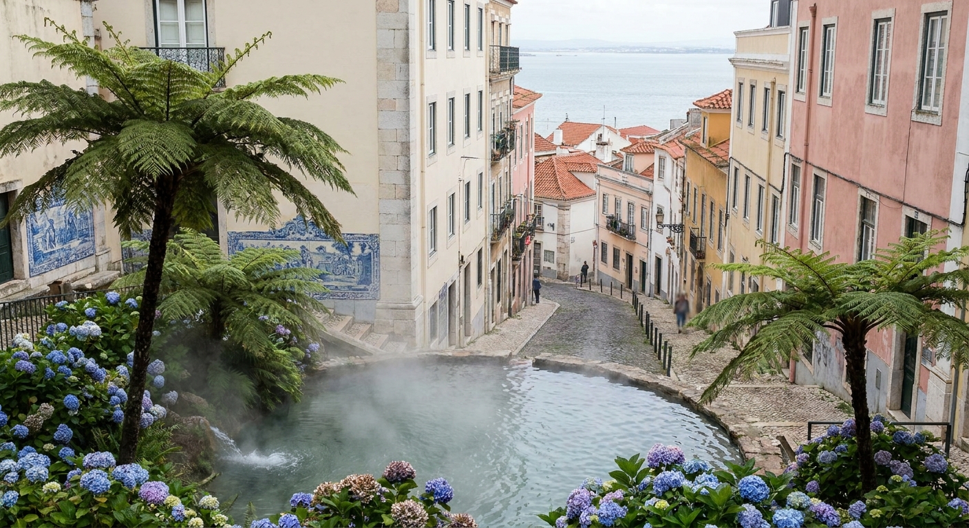Steam rising from thermal springs beside a pool surrounded by tree ferns and hydrangeas