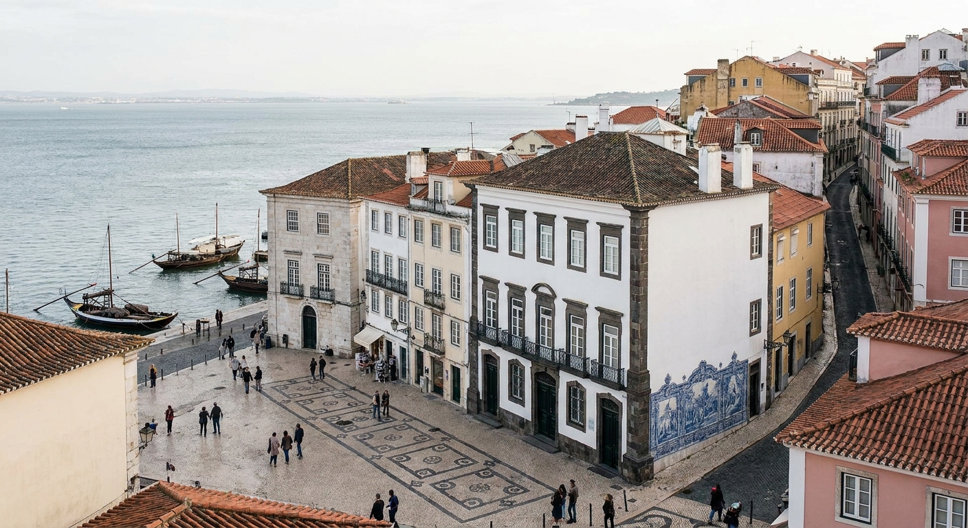 Waterfront square in Ponta Delgada with white buildings and dark basalt trim